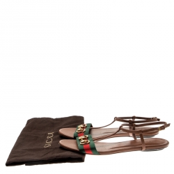 Pre Owned Gucci Brown Leather Web Detail Liliana Horsebit Flat Sandals Size 37