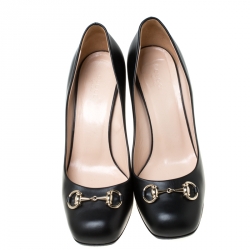 Pre Owned Gucci Black Leather Horsbit Block Heel Pumps Size 41