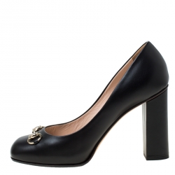 Pre Owned Gucci Black Leather Horsbit Block Heel Pumps Size 41