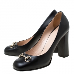 Pre Owned Gucci Black Leather Horsbit Block Heel Pumps Size 41