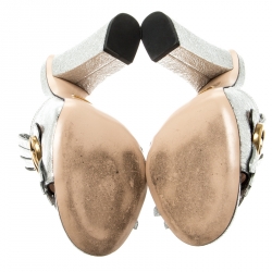Pre Owned Gucci Silver Metallic Leather Marmont Fringed Mules Size 36.5