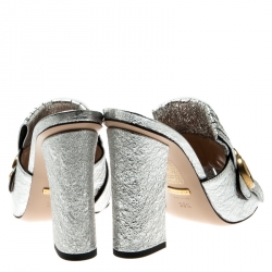 Pre Owned Gucci Silver Metallic Leather Marmont Fringed Mules Size 36.5