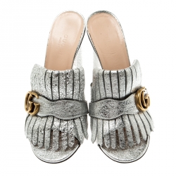Pre Owned Gucci Silver Metallic Leather Marmont Fringed Mules Size 36.5