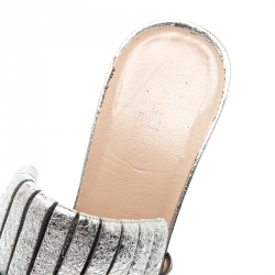 Pre Owned Gucci Silver Metallic Leather Marmont Fringed Mules Size 36.5