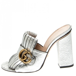 Pre Owned Gucci Silver Metallic Leather Marmont Fringed Mules Size 36.5