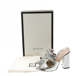 Pre Owned Gucci Silver Metallic Leather Marmont Fringed Mules Size 36.5