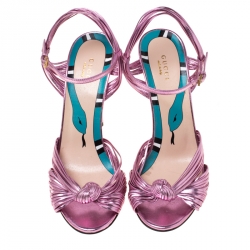 Pre Owned Gucci Metallic Pink Strappy Leather Allie Knot Sandals Size 40