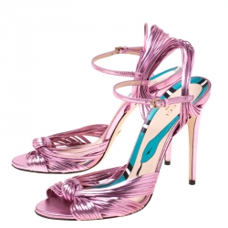 Pre Owned Gucci Metallic Pink Strappy Leather Allie Knot Sandals Size 40