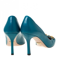 Pre Owned Gucci Turquoise Patent Leather Jolene Horsebit Pumps Size 36