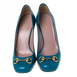 Pre Owned Gucci Turquoise Patent Leather Jolene Horsebit Pumps Size 36