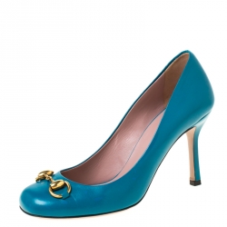 Pre Owned Gucci Turquoise Patent Leather Jolene Horsebit Pumps Size 36
