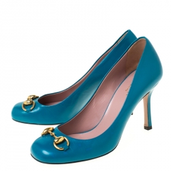 Pre Owned Gucci Turquoise Patent Leather Jolene Horsebit Pumps Size 36