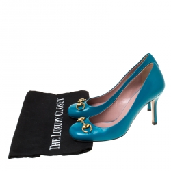 Pre Owned Gucci Turquoise Patent Leather Jolene Horsebit Pumps Size 36