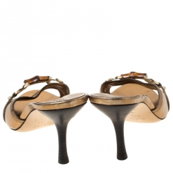 Pre Owned Gucci Gold Metallic Leather Bamboo Horsebit Open Toe Slides Size 36