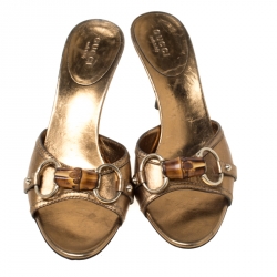 Pre Owned Gucci Gold Metallic Leather Bamboo Horsebit Open Toe Slides Size 36
