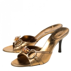 Pre Owned Gucci Gold Metallic Leather Bamboo Horsebit Open Toe Slides Size 36