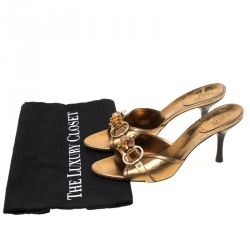 Pre Owned Gucci Gold Metallic Leather Bamboo Horsebit Open Toe Slides Size 36