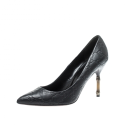 مملوكة مسبقًا حذاء كعب عالي غوتشي كريستين جلد الأسود كعب بامبو مقدمة مدببة مقاس 38.5