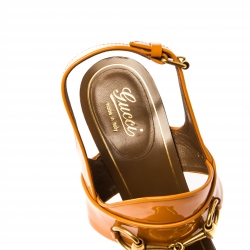 Pre Owned Gucci Caramel Patent Leather Alyssa Horsebit Ankle Strap Sandals Size 39
