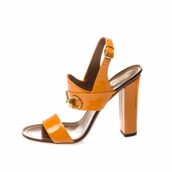 Pre Owned Gucci Caramel Patent Leather Alyssa Horsebit Ankle Strap Sandals Size 39