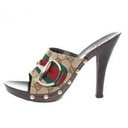 Pre Owned Gucci Monogram Icon Bit Web Detail High Heel Clogs Size 36