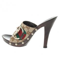 Pre Owned Gucci Monogram Icon Bit Web Detail High Heel Clogs Size 36