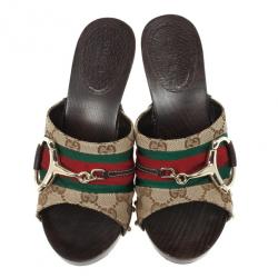 Pre Owned Gucci Monogram Icon Bit Web Detail High Heel Clogs Size 36