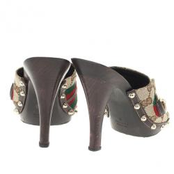 Pre Owned Gucci Monogram Icon Bit Web Detail High Heel Clogs Size 36