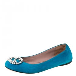Pre Owned Gucci Blue Suede Crystal GG Ballet Flats Size 37.5
