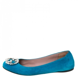 Pre Owned Gucci Blue Suede Crystal GG Ballet Flats Size 37.5