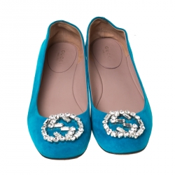 Pre Owned Gucci Blue Suede Crystal GG Ballet Flats Size 37.5