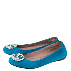 Pre Owned Gucci Blue Suede Crystal GG Ballet Flats Size 37.5