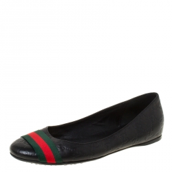 Pre Owned Gucci Black Guccissima Leather Web Stripe Ballet Flats Size 38