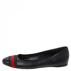 Pre Owned Gucci Black Guccissima Leather Web Stripe Ballet Flats Size 38