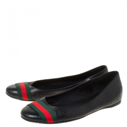 Pre Owned Gucci Black Guccissima Leather Web Stripe Ballet Flats Size 38