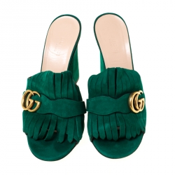 مملوكة مسبقًا Gucci Green Suede GG Marmont Fringe Mules Size 37.5
