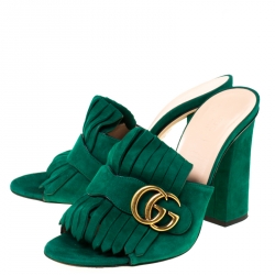 مملوكة مسبقًا Gucci Green Suede GG Marmont Fringe Mules Size 37.5