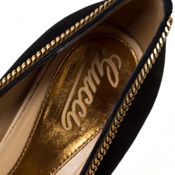 Pre Owned Gucci Black/Gold Suede Chain Peep Toe Platform Pumps Size 38