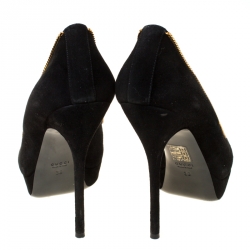 Pre Owned Gucci Black/Gold Suede Chain Peep Toe Platform Pumps Size 38