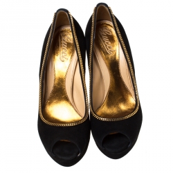 Pre Owned Gucci Black/Gold Suede Chain Peep Toe Platform Pumps Size 38
