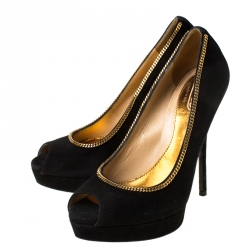 Pre Owned Gucci Black/Gold Suede Chain Peep Toe Platform Pumps Size 38