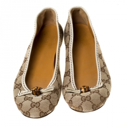 Pre Owned Gucci Beige GG Canvas Bamboo Tassel Ballet Flats Size 37