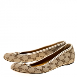Pre Owned Gucci Beige GG Canvas Bamboo Tassel Ballet Flats Size 37