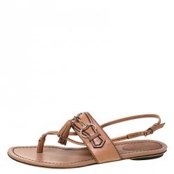 Pre Owned Gucci Brown Leather Tassel Horsebit Thong Flat Sandals Size 37