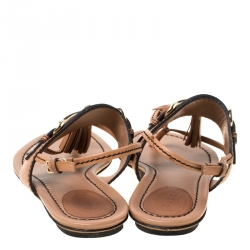Pre Owned Gucci Brown Leather Tassel Horsebit Thong Flat Sandals Size 37