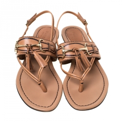 Pre Owned Gucci Brown Leather Tassel Horsebit Thong Flat Sandals Size 37