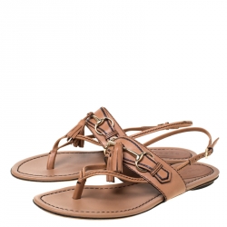 Pre Owned Gucci Brown Leather Tassel Horsebit Thong Flat Sandals Size 37