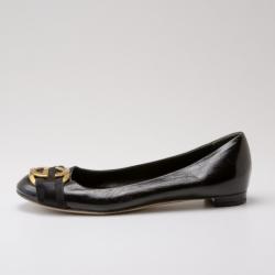 Pre Owned Gucci Black Patent 'Interlocking' Buckle Ballet Flats Size 38