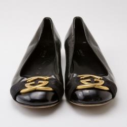 Pre Owned Gucci Black Patent 'Interlocking' Buckle Ballet Flats Size 38