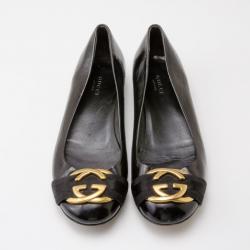 Pre Owned Gucci Black Patent 'Interlocking' Buckle Ballet Flats Size 38
